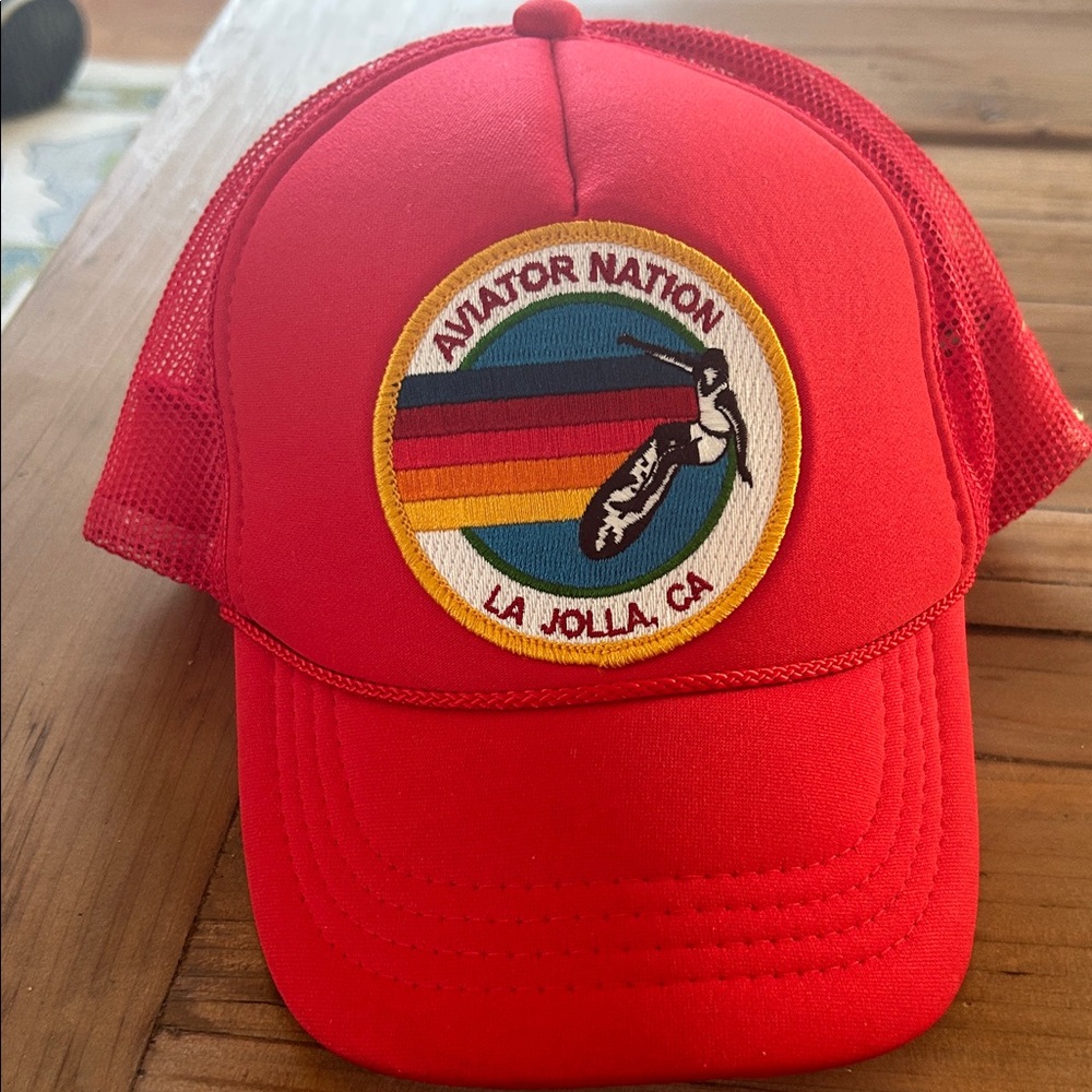 Aviator Nation Red Trucker Hat with Rainbow Patch